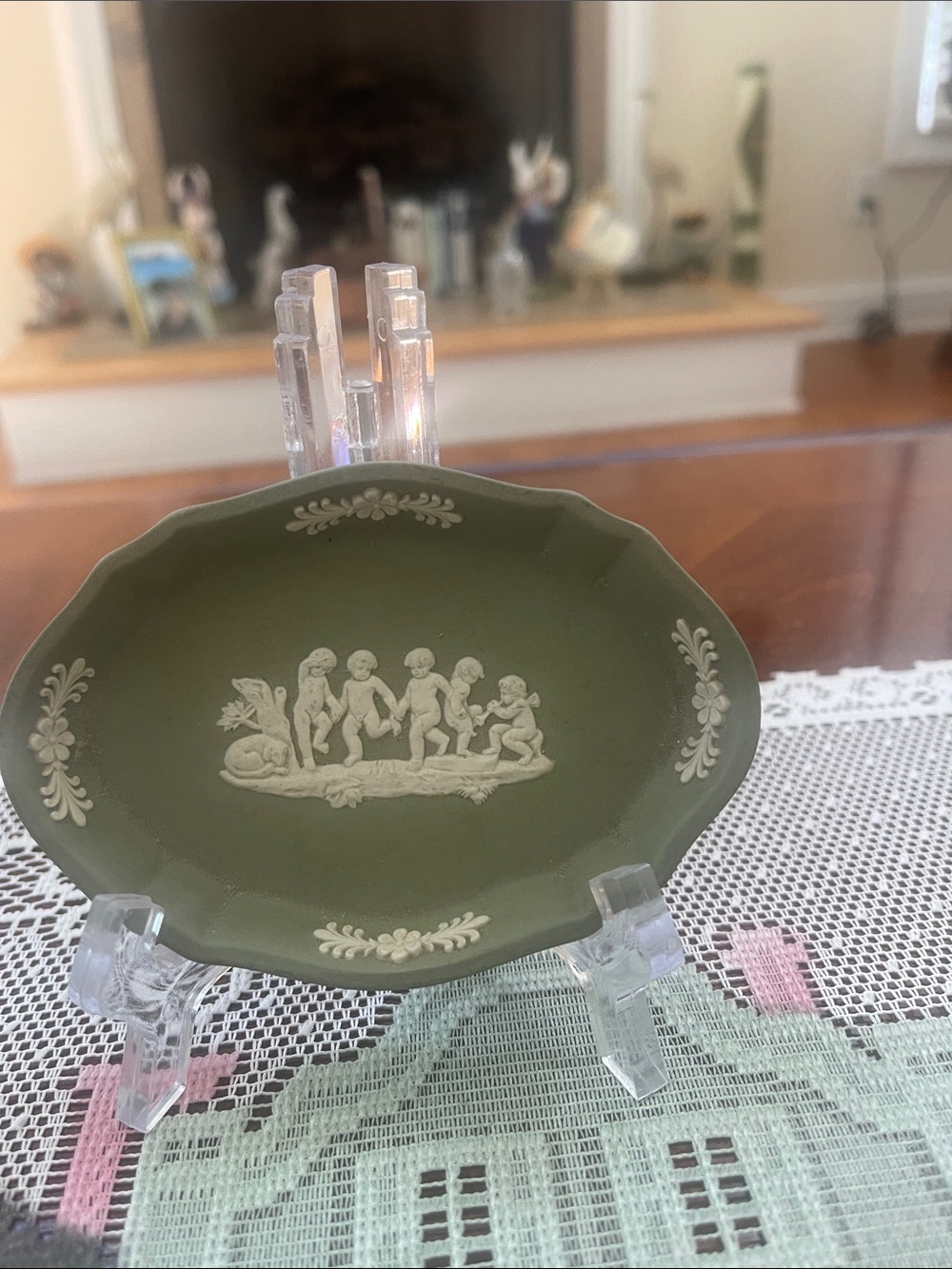 Wedgwood Olive Green Jasperware Dish with White Cherub Relief